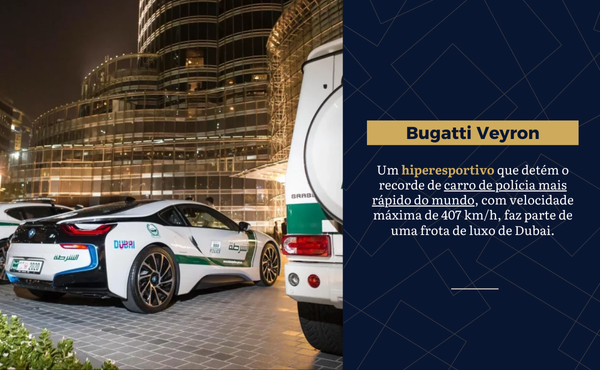 Aqui, a lei anda rápido. A Polícia de Dubai detém o recorde do carro de patrulha mais rápido do mundo, atingindo 407 km/h.