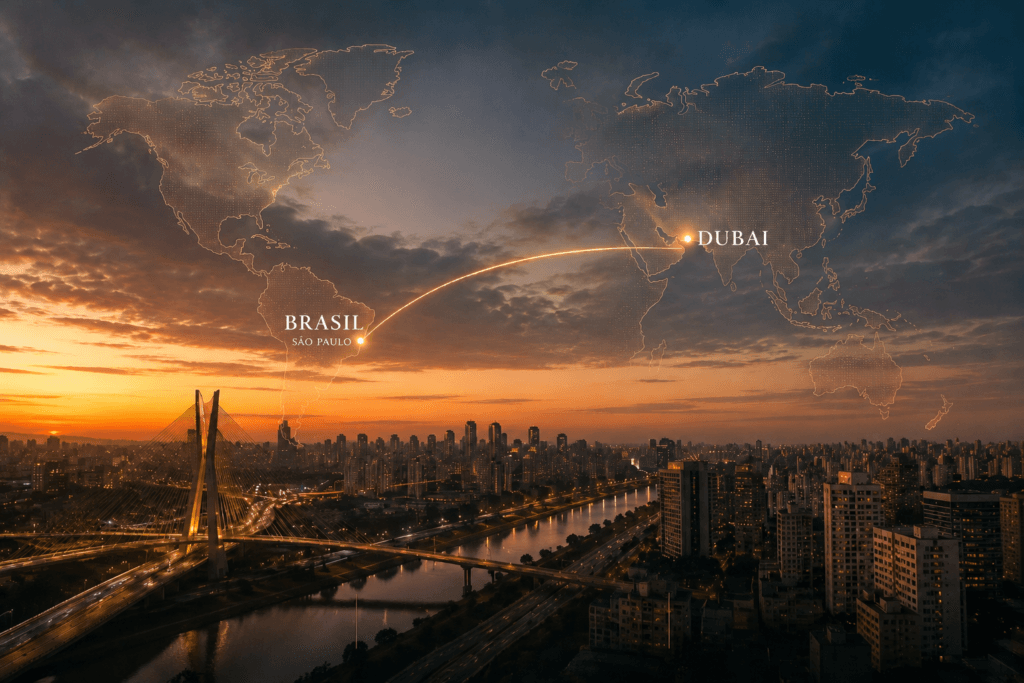 Rota entre Brasil e Emirados Arabes Unidos sobre o mapa mundial, base da arquitetura patrimonial da Tarkia